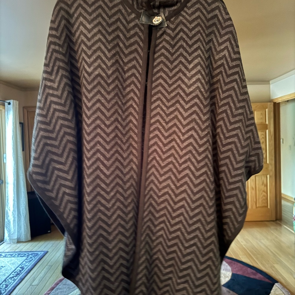 Chico's Black and Gray Knit Poncho with faux leather metal clasp. Mint condition